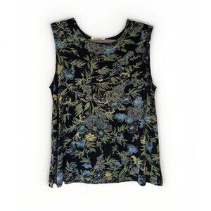Vtg  Mariani Womens Tank Top Sz L Black Floral Traveler Slinky Acetate Packable